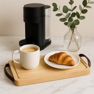 Nespresso Wood Serving Tray with Leather Handles 15" x 7" Modern Kitchen Decor